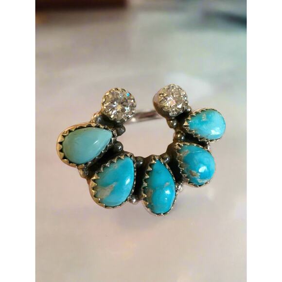 Bluebird Turquoise & Moissanite Diamond Naja Southwestern Ring Adjustable - Picture 4 of 6